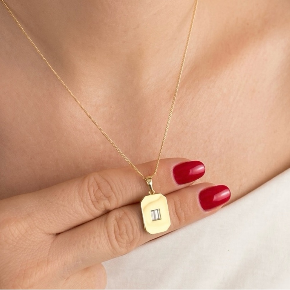 14K Gold Plated Rectangular Tag Necklace with Baguette Zirconia | Waterproof